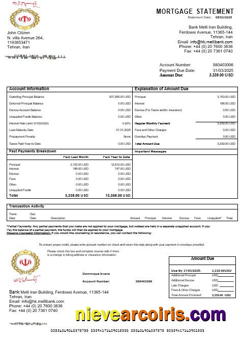 Iran Melli Bank mortgage statement